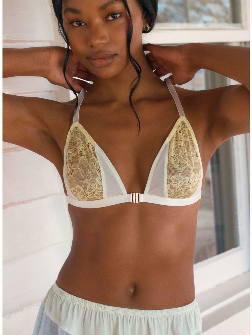 Anthropologie Sheer Lace Triangle Bralette in Pale Yellow & Light Blue Sz M
